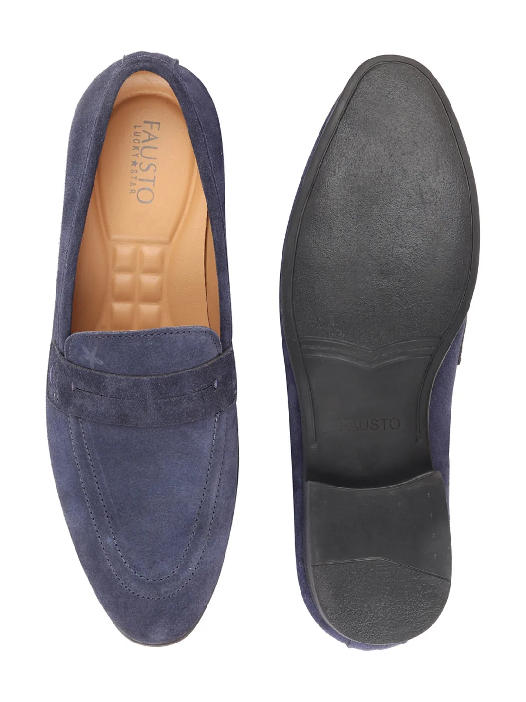 Men Navy Blue Suede Leather Outdoor Penny Loafer Shoes