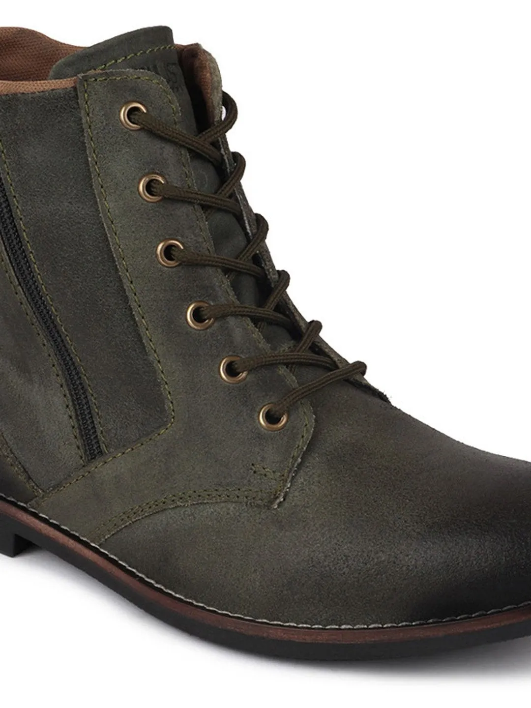 Men Olive High Ankle Lace Up Leather Zipper Boots