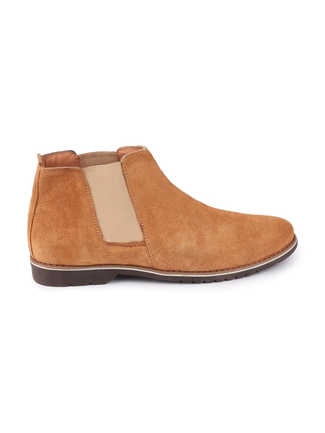 Men Tan Casual Suede Slip-On Boots