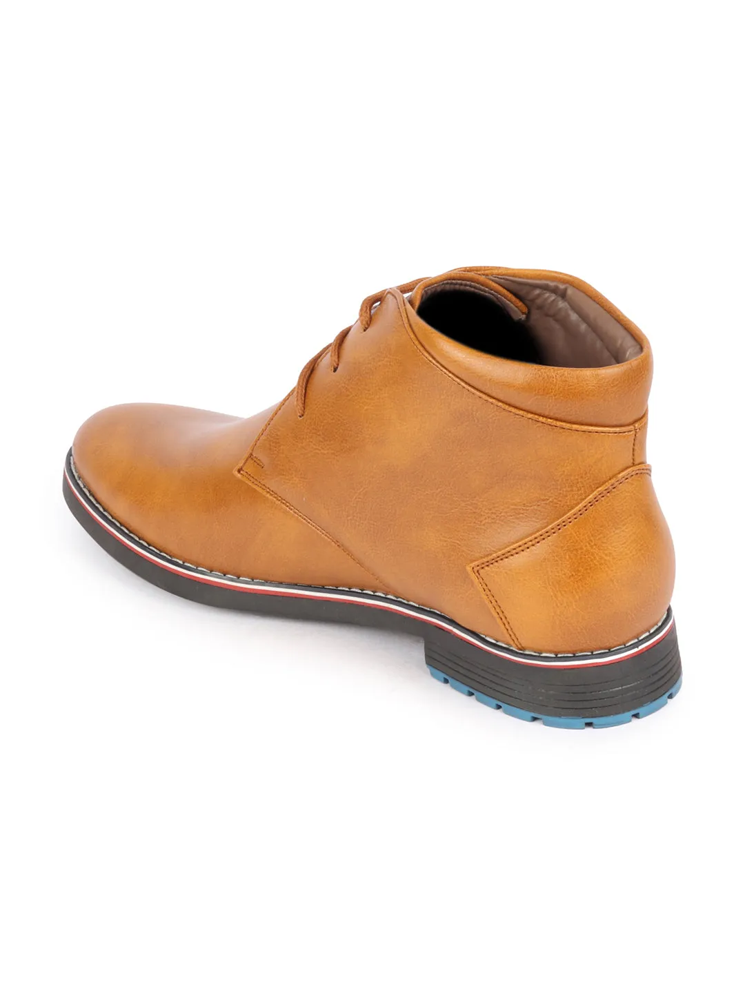 Men Tan Genuine Leather Mid Top Chukka Lace Up Boots with TPR Welted Colorblocked Sole