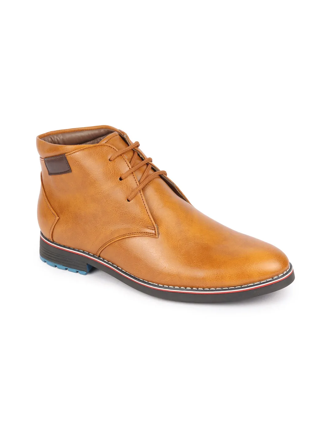 Men Tan Genuine Leather Mid Top Chukka Lace Up Boots with TPR Welted Colorblocked Sole