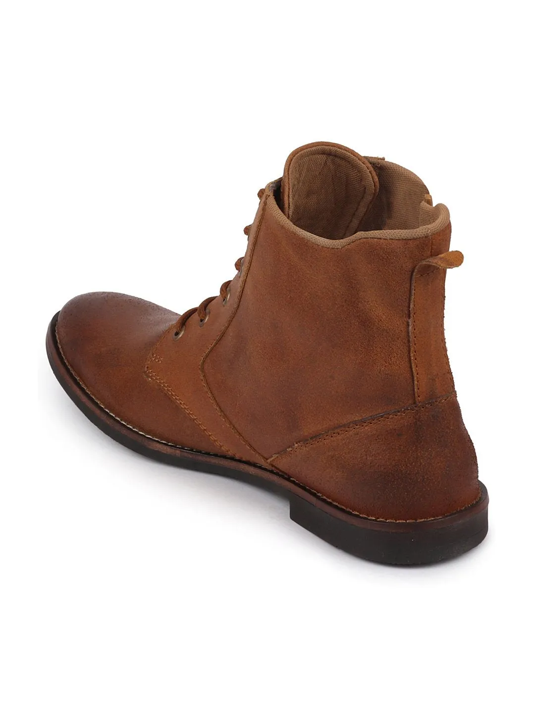 Men Tan High Ankle Lace Up Leather Zipper Boots