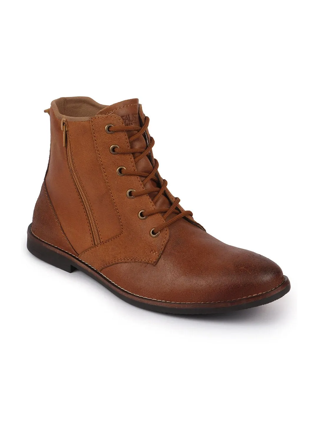 Men Tan High Ankle Lace Up Leather Zipper Boots