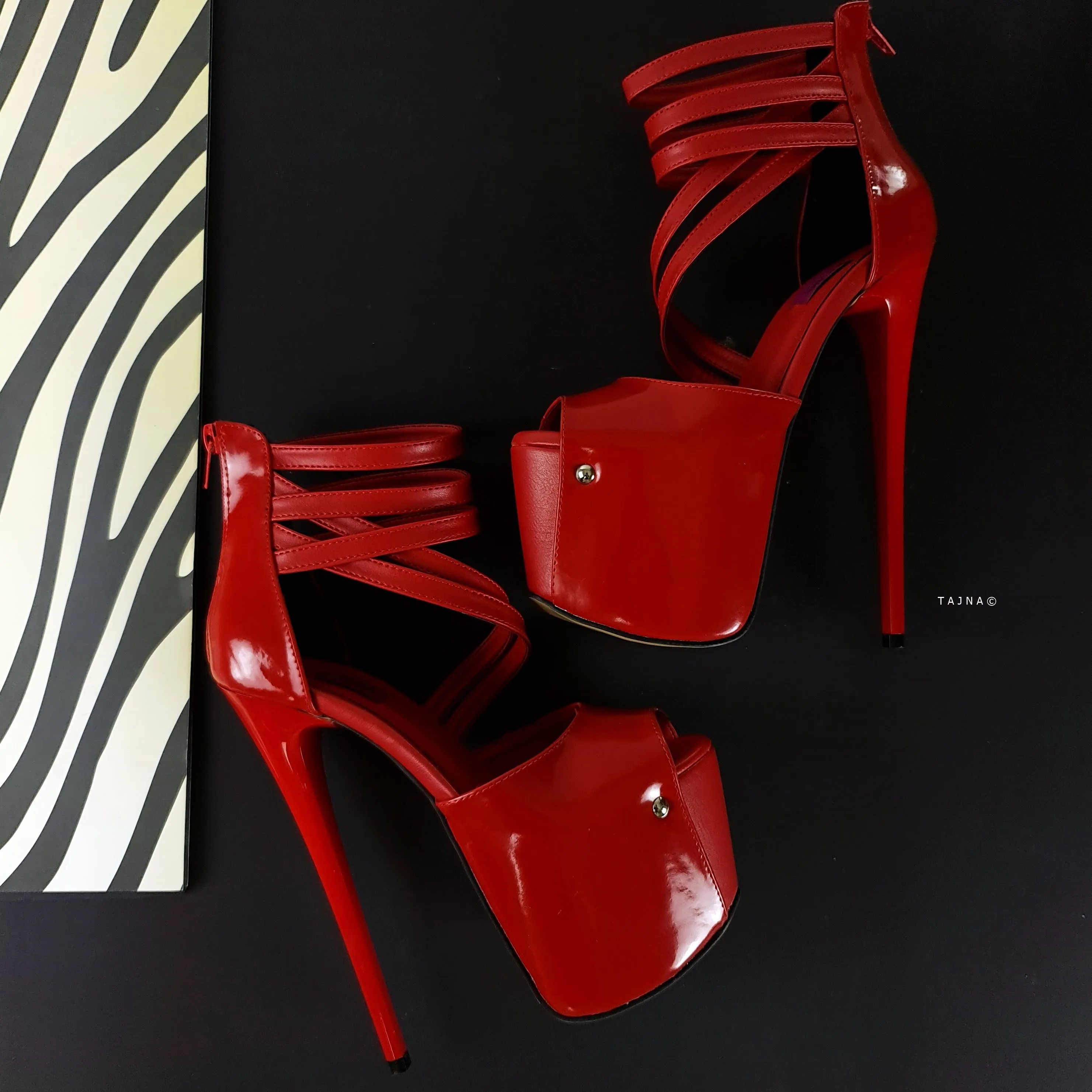 Red Gloss Multi Strap Ankle Cut Peep Toe High Heels