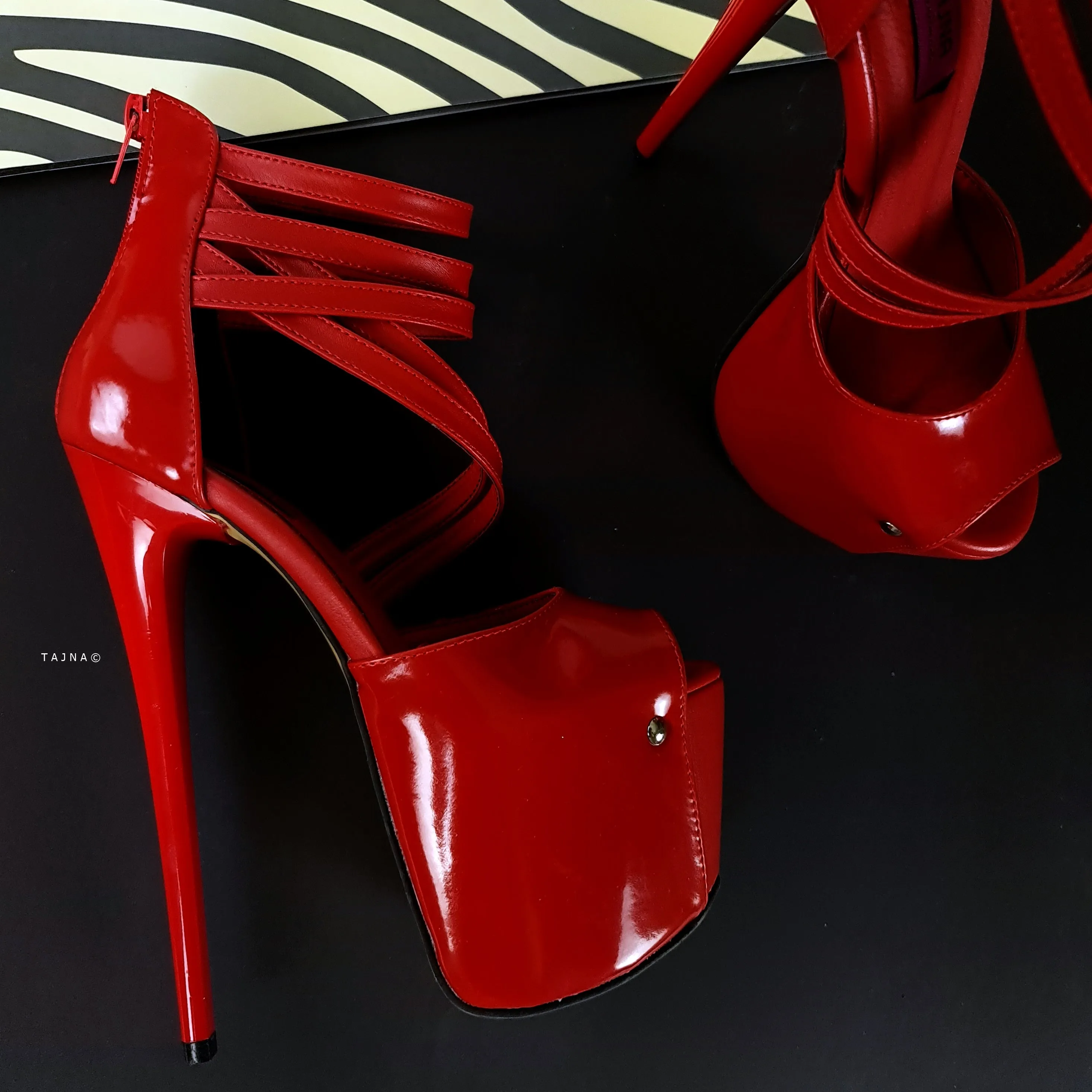 Red Gloss Multi Strap Ankle Cut Peep Toe High Heels