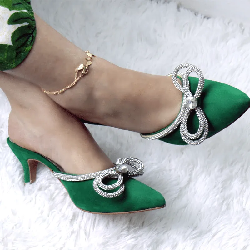 Rhinestone and Bow Decor Mule Pumps