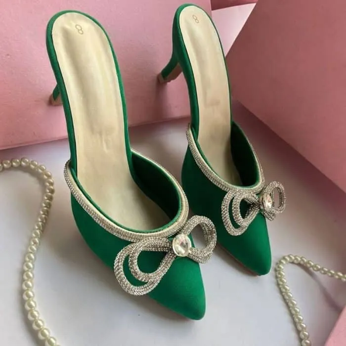 Rhinestone and Bow Decor Mule Pumps