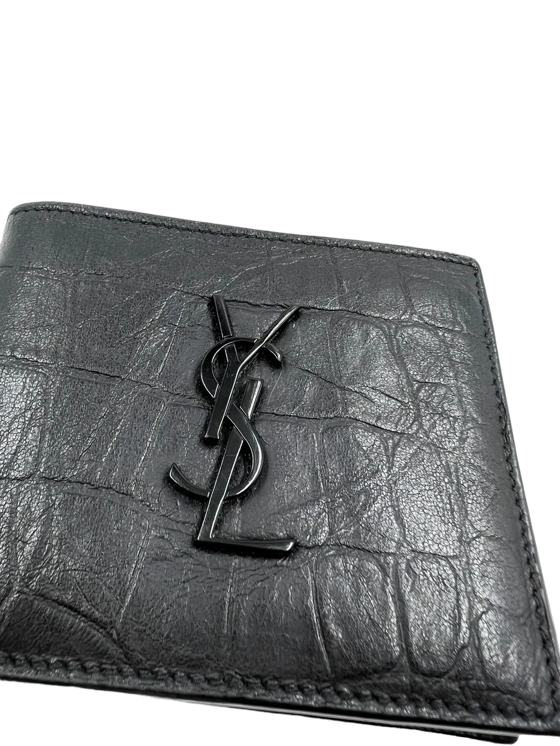 Saint Laurent YSL Black Croc Embossed Cassandra Wallet