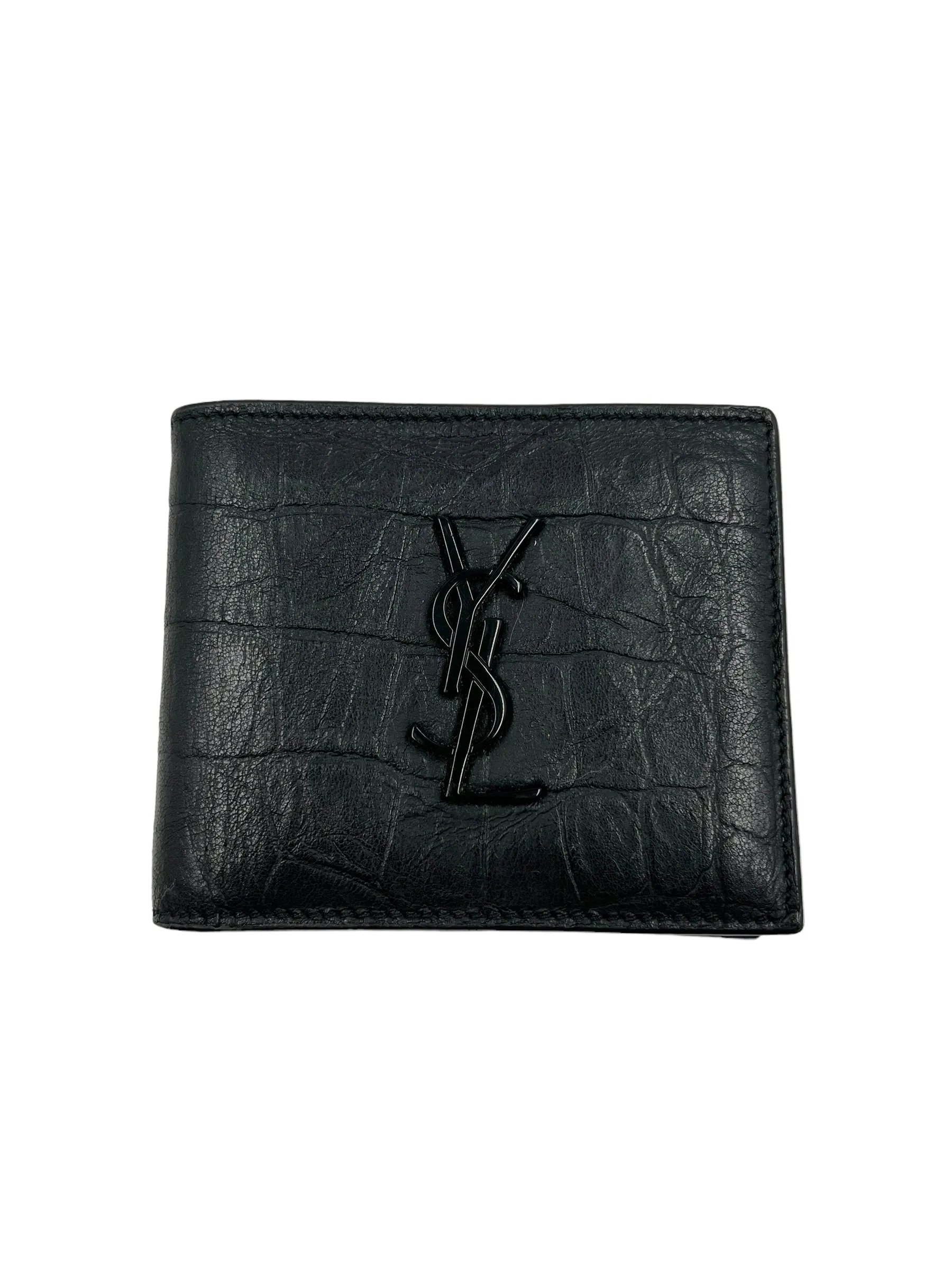 Saint Laurent YSL Black Croc Embossed Cassandra Wallet