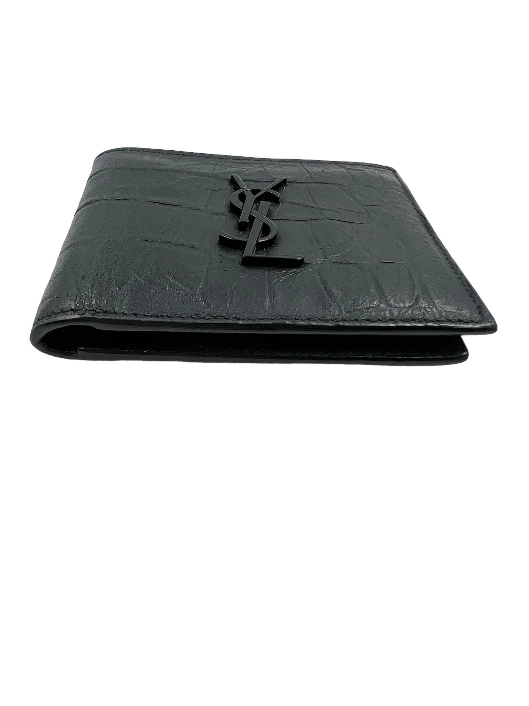 Saint Laurent YSL Black Croc Embossed Cassandra Wallet