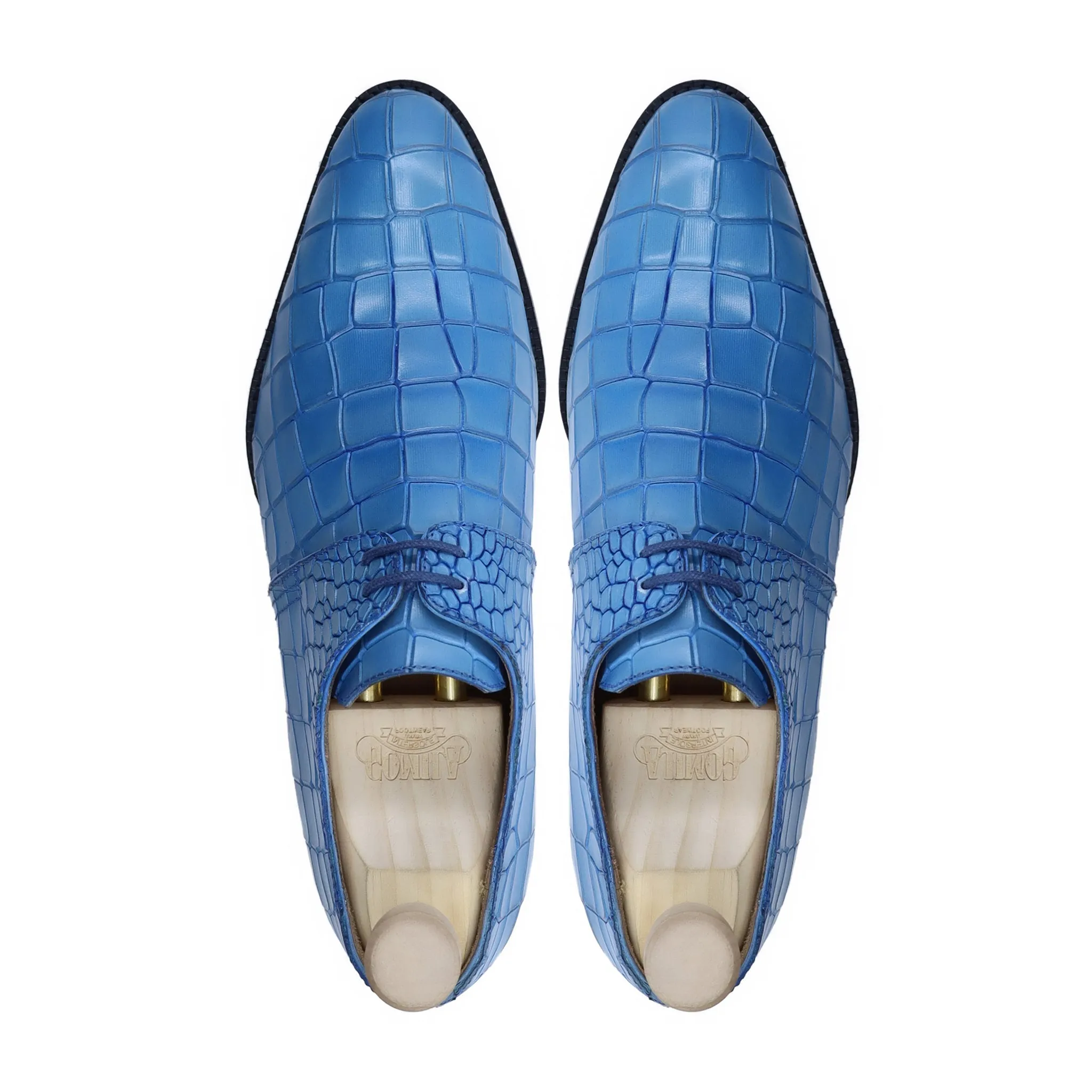 Sandro - Men's Blue Crocodile Printed Calf Leather Derby Shoe