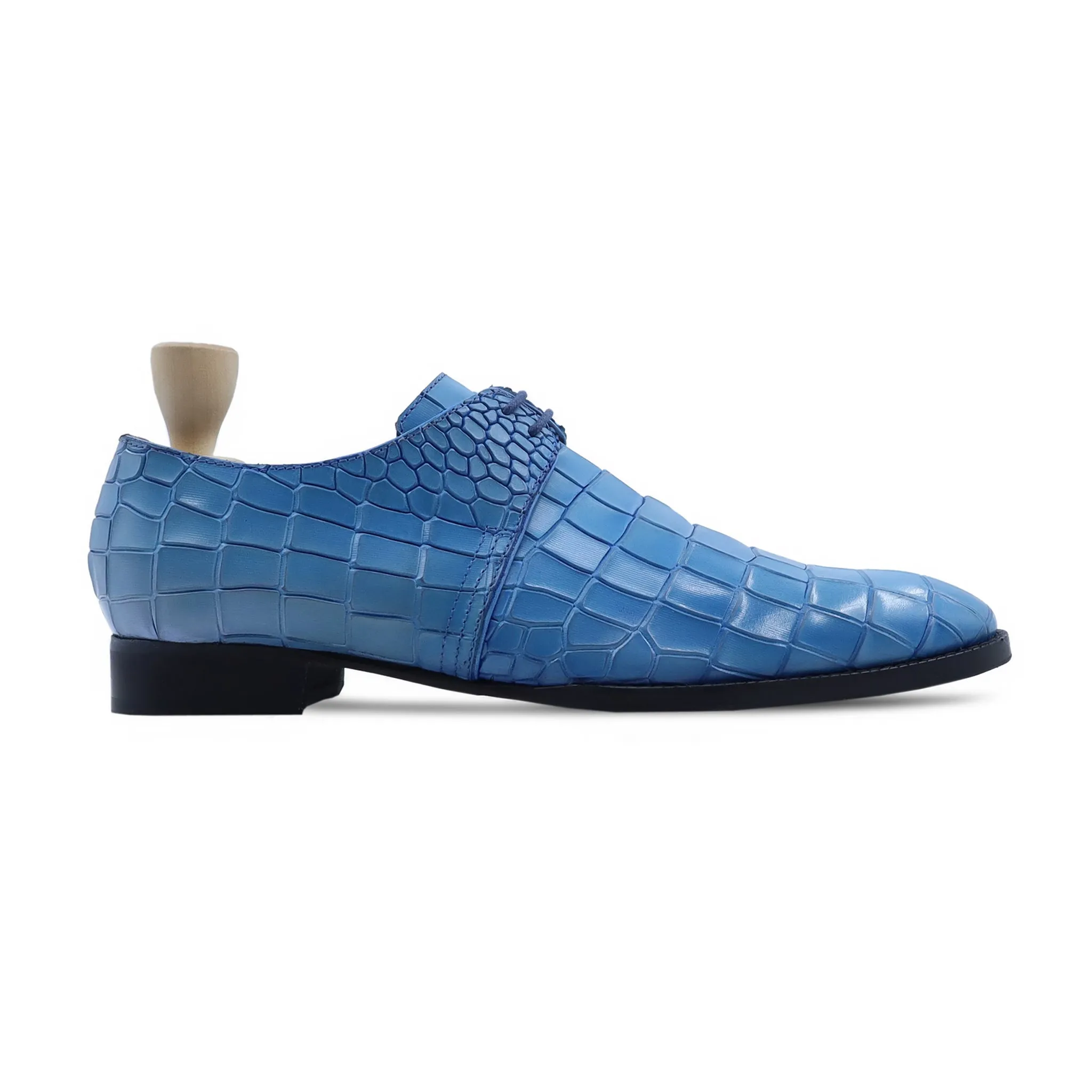 Sandro - Men's Blue Crocodile Printed Calf Leather Derby Shoe