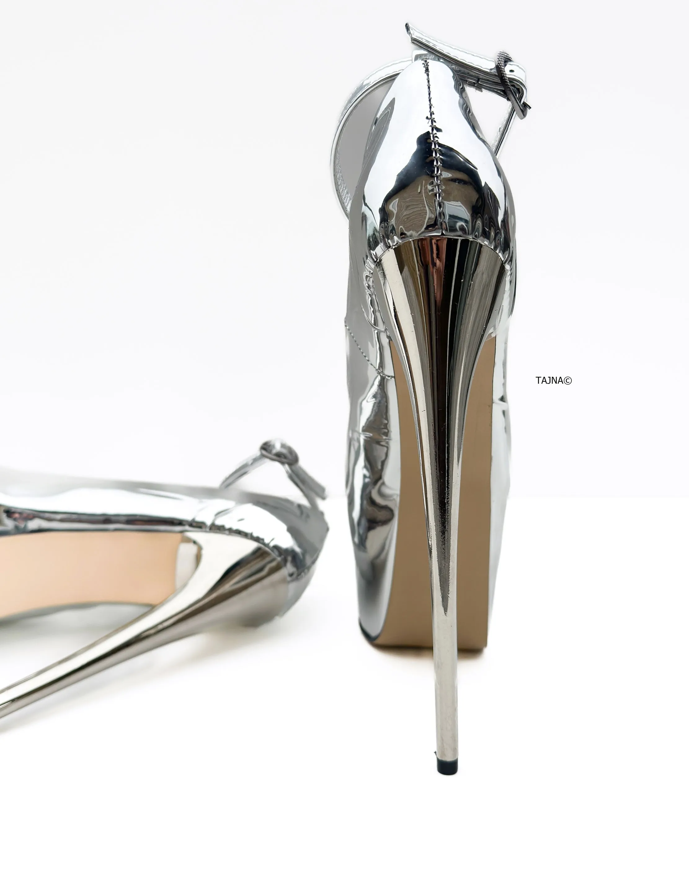 Silver Mirror Ankle Strap High Heel Pumps