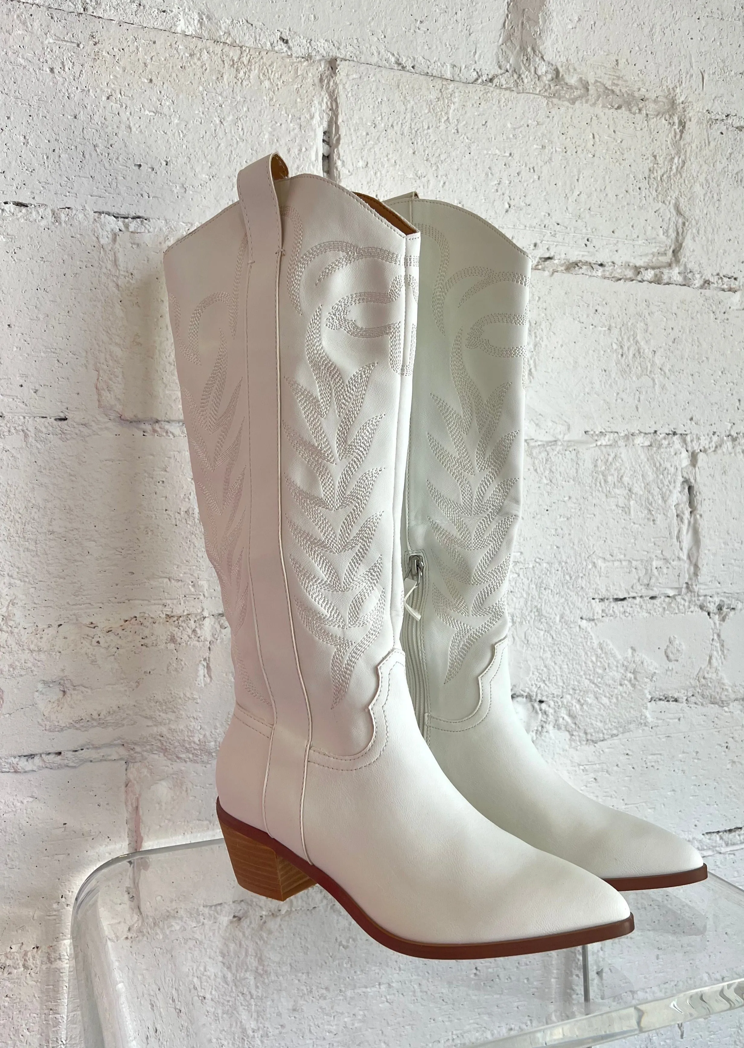 White Inlay Vegan Cowboy Boots