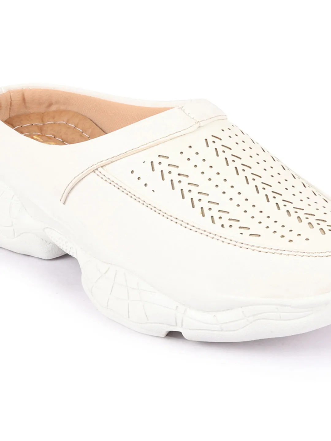 Women White Laser Cut Design Stitched Back Open Slip On Mules Shoes