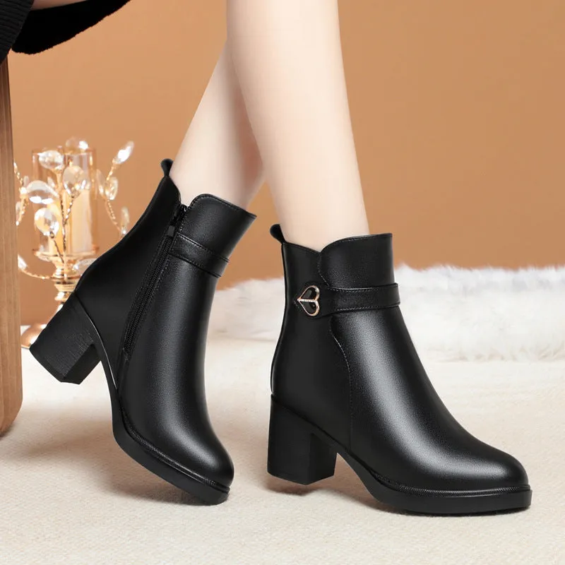 Women's Ankle Boots Love Hearts Warm Wool Fluff Block Chunky Heel Booties