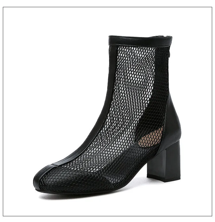 Women's Ankle Boots Pointed Toe Mesh Block Chunky Heel Booties