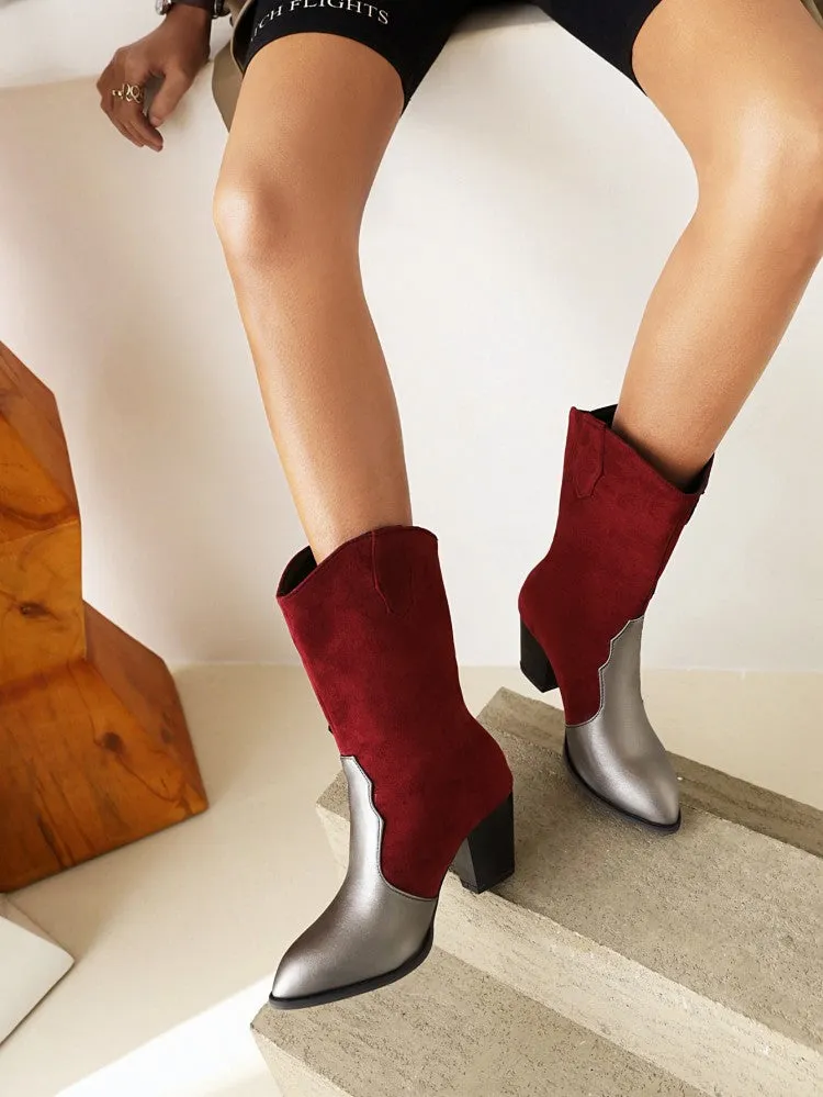 Women's Bicolor Patent Flock Patchwork Block Chunky Heel Mid Calf Boots