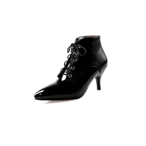 Women's Bicolor Pointed Toe Lace Up Kitten Heel Ankle Boots