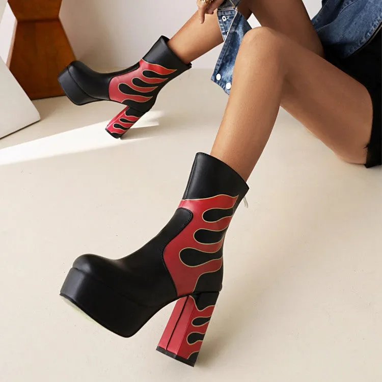 Women's Bicolor Pu Leather Back Zippers Block Chunky Heel Platform Short Boots