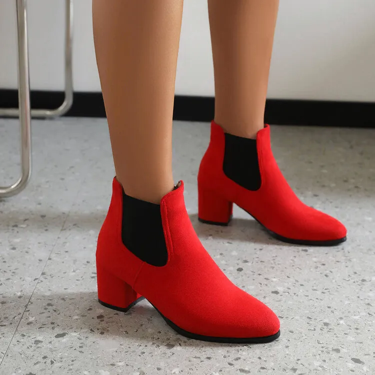 Women's Booties Bicolor Flock Pointed Toe Stretch Block Heel Ankle Boots