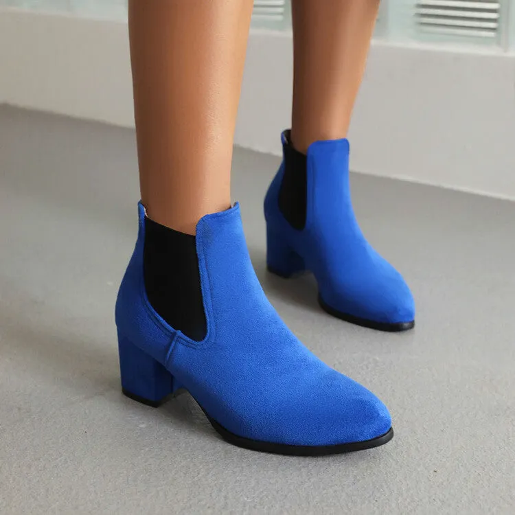 Women's Booties Bicolor Flock Pointed Toe Stretch Block Heel Ankle Boots