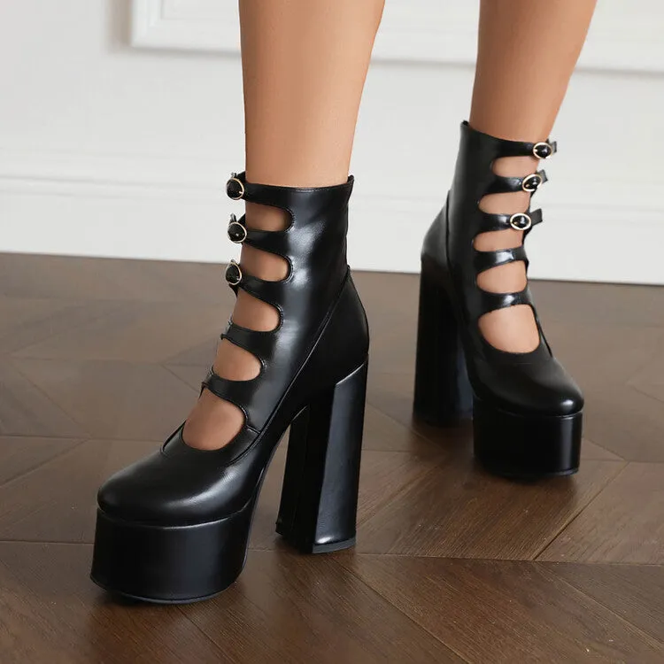 Women's Booties Glossy Round Toe Cutout Buckle Straps Block Chunky Heel Platform Short Boots