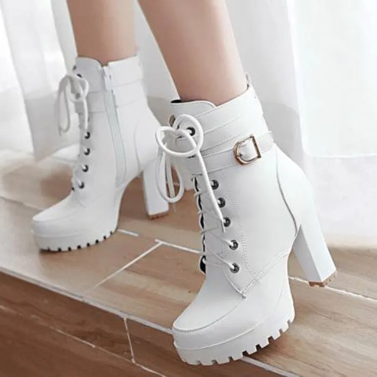 Women's Booties Round Toe Lace-Up Block Chunky Heel Platform Short Boots