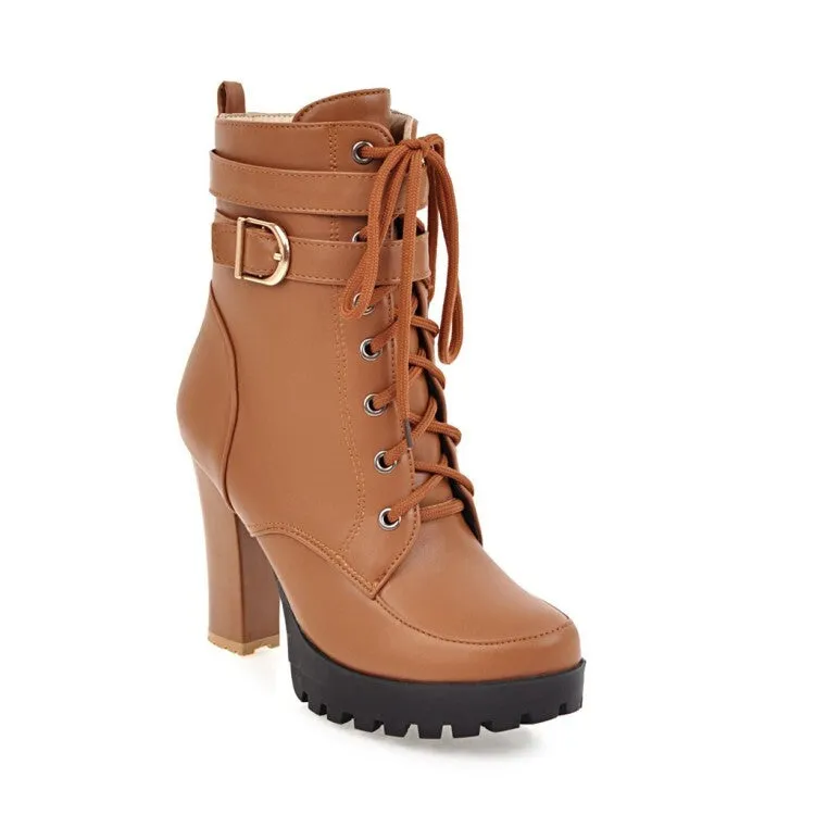 Women's Booties Round Toe Lace-Up Block Chunky Heel Platform Short Boots