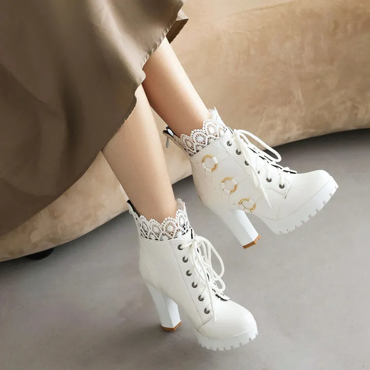 Women's Booties Round Toe Lace-Up Lace Block Chunky Heel Platform Short Boots