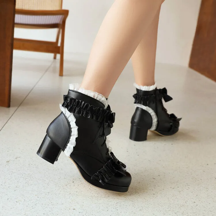 Women's Bow Tie Tied Straps Block Chunky Heel Ankle Boots