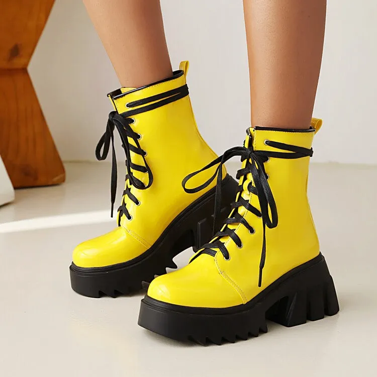 Women's Candy Color Pu Leather Round Toe Lace Up Wedge Heel Platform Ankle Boots