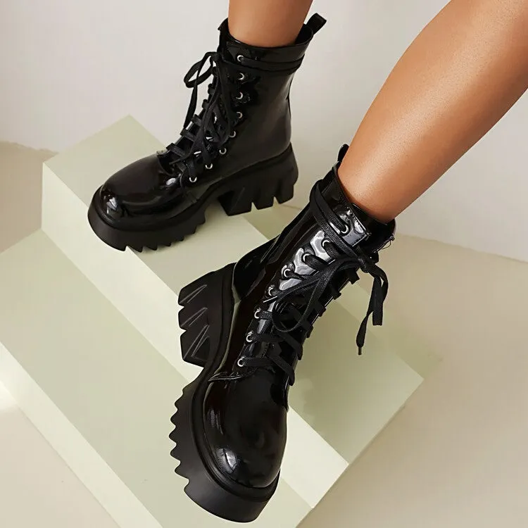 Women's Candy Color Pu Leather Round Toe Lace Up Wedge Heel Platform Ankle Boots