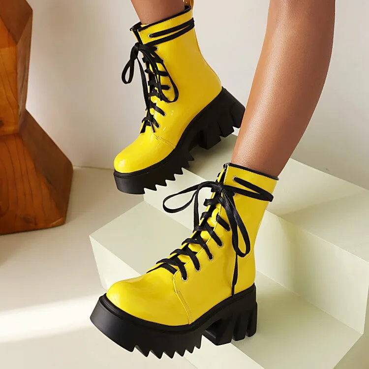 Women's Candy Color Pu Leather Round Toe Lace Up Wedge Heel Platform Ankle Boots