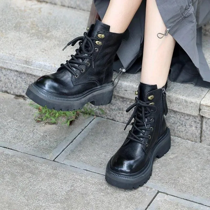 Women's Casual Shoes: Leather Motorcycle Ankle Boots POL321