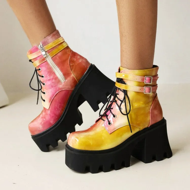 Women's Colorful Square Toe Lace Up Buckle Straps Side Zippers Block Chunky Heel Platform Short Boots