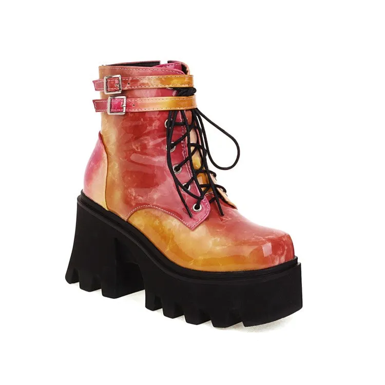 Women's Colorful Square Toe Lace Up Buckle Straps Side Zippers Block Chunky Heel Platform Short Boots