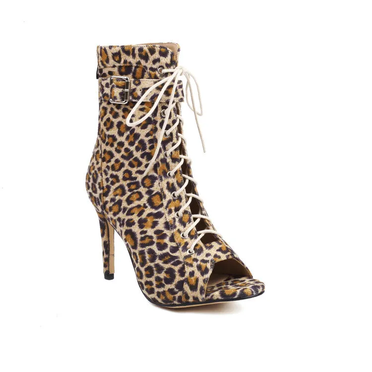 Women's Cow Leopard Print Peep Toe Lace-Up Stiletto Heel Ankle Boots