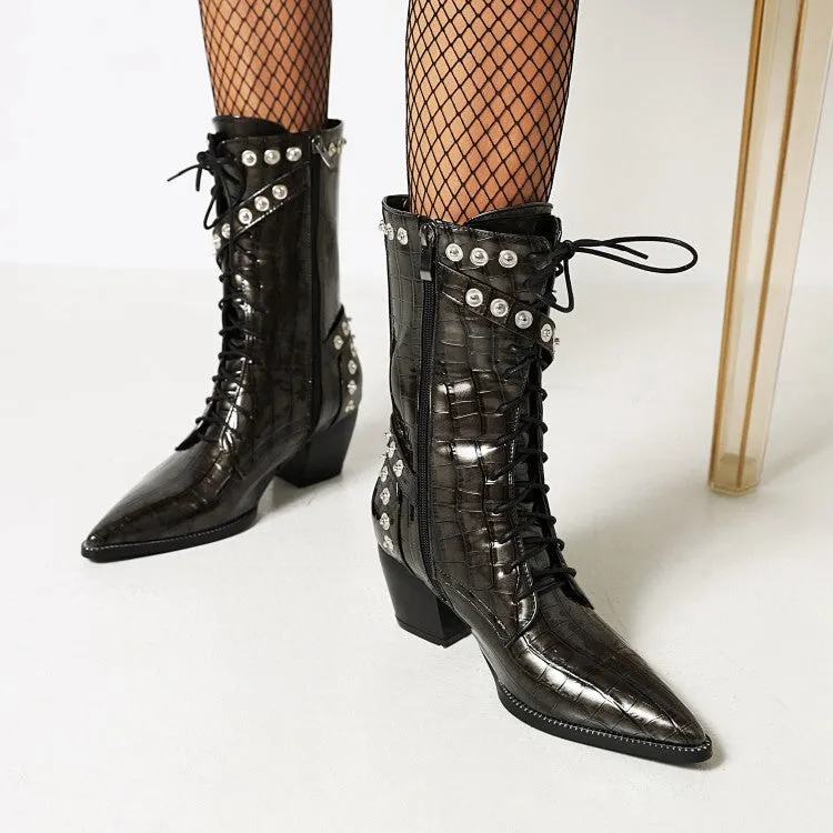 Women's
 Crocodile Pattern Pointed Toe Buckles Belts Rivets Block Heel Mid Calf Boots