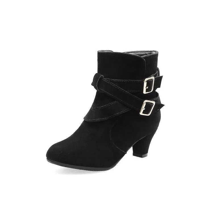 Women's Flock Pointed Toe Double Buckle Straps Puppy Heel Ankle Boots