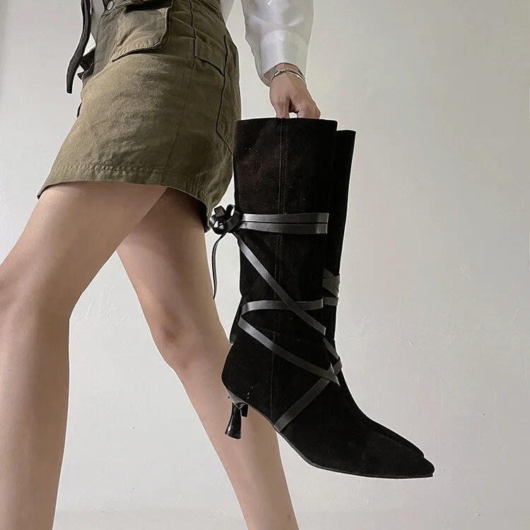 Women's Flock Pointed Toe Entangled Straps Spool Heel Mid-Calf Boots