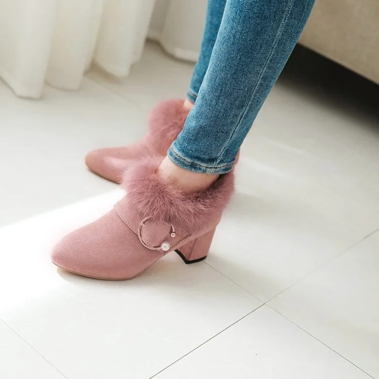 Women's Flock Pointed Toe Floppy Pearls Block Chunky Heel Short Boots