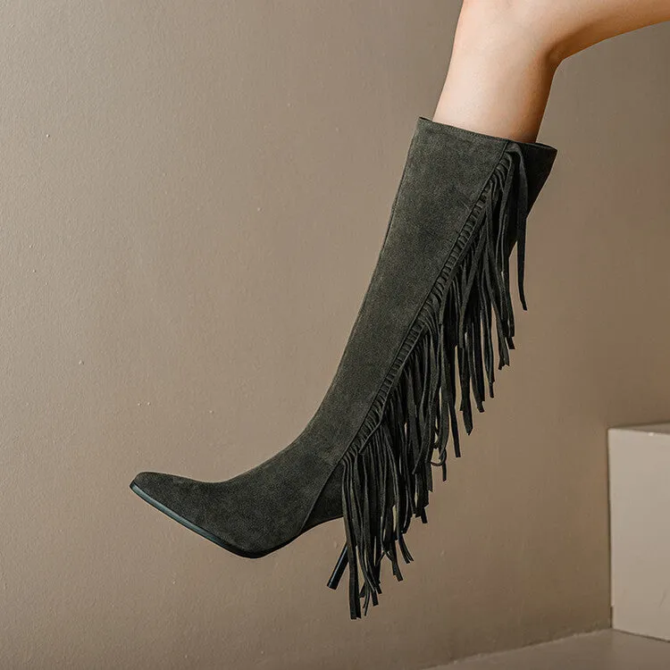 Women's Flock Pointed Toe Tassel Stiletto Heel Knee-High Boots