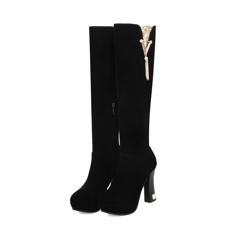 Women's Flock Rhinestone Tassel Side Zippers Spool Heel Platform Knee High Boots