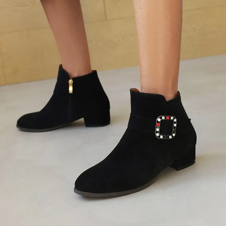 Women's Flock Round Toe Side Zippers Rhinestone Buckle Straps Block Chunky Heel Short Boots