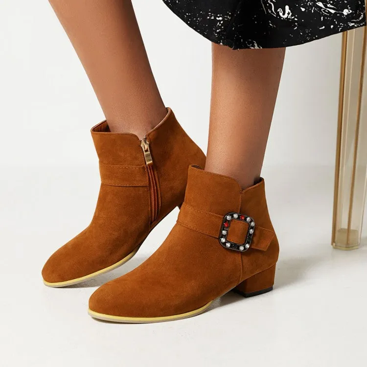 Women's Flock Round Toe Side Zippers Rhinestone Buckle Straps Block Chunky Heel Short Boots