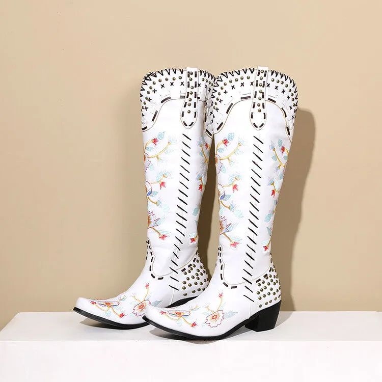 Women's Flora Embroidery Puppy Heel Cowboy Knee High Boots