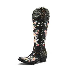 Women's Flora Embroidery Puppy Heel Cowboy Knee High Boots