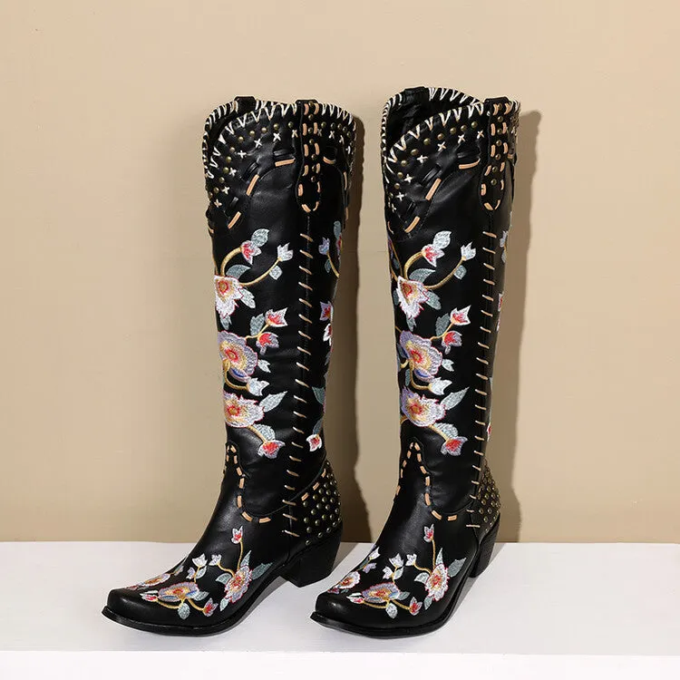 Women's Flora Embroidery Puppy Heel Cowboy Knee High Boots