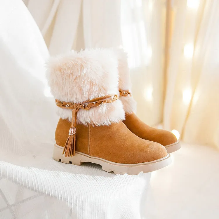 Women's Furry Metal Chains Tassel Short Boots